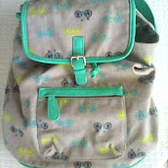Candie's Backpack Bicycle Pattern Mint Green Tan Antique Bikes 13" X 13" X 5.25" - Picture 1 of 11